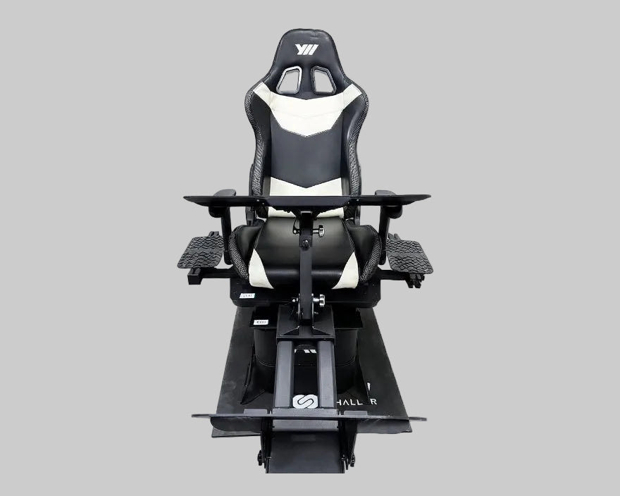 Black and white gaming chair with adjustable armrests on a white background