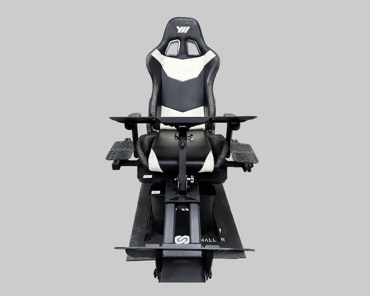 Black and white gaming chair with adjustable armrests on a white background