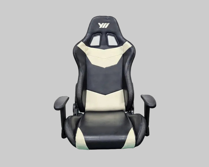 Black and beige gaming chair with a logo on a white background